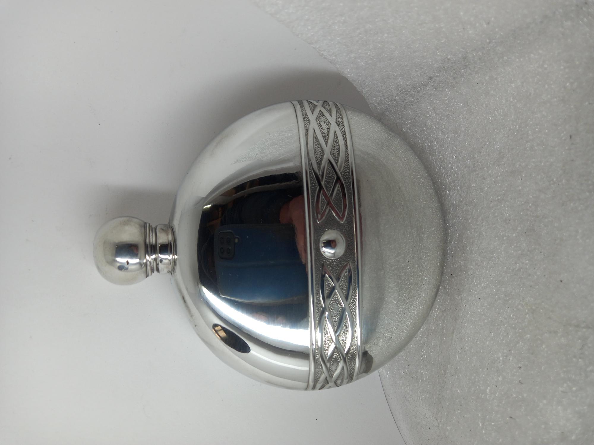 6oz Round flask embossed Celtin knot band with ball top