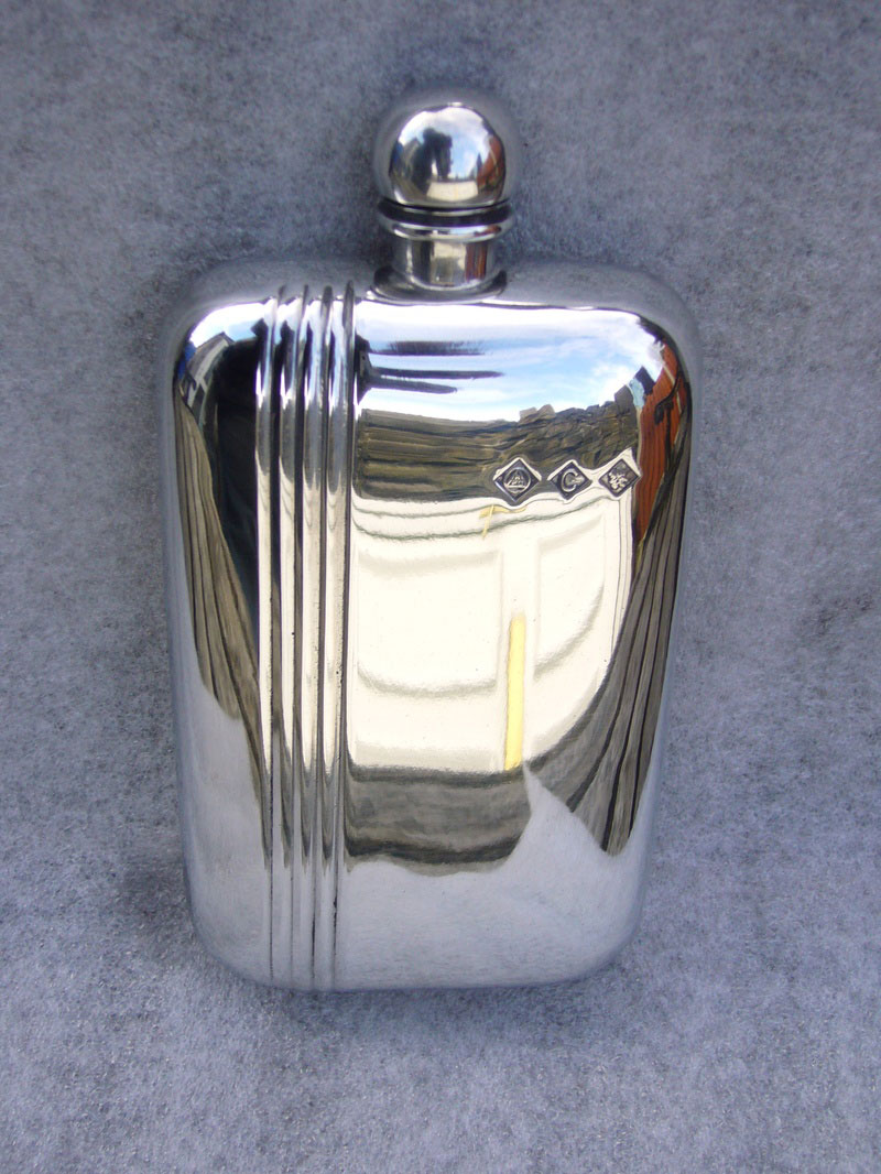 6oz Stamped Pewter Hip Flask with Fluted Strip (F008)