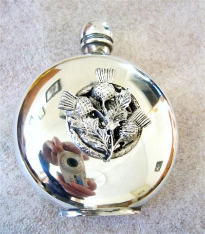 Round 6oz Pewter Hip Flask with Thistle Badge