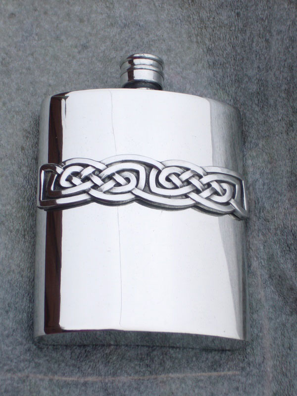6oz Kidney Shaped Pewter Flask with Celtic Knotwork Band (F020)