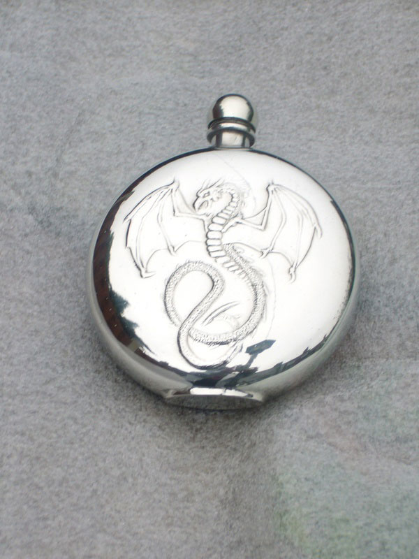 6oz Round Pewter Flask Embossed with Wyverex Dragon (F053)