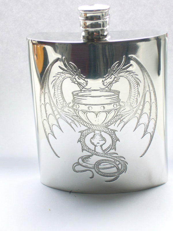 6oz Kidney Shaped Pewter Flask "Poison of Love" Design with Entwined Dragons (F064)
