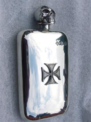 Stamped Pewter Flask with Skull Top and Iron Cross