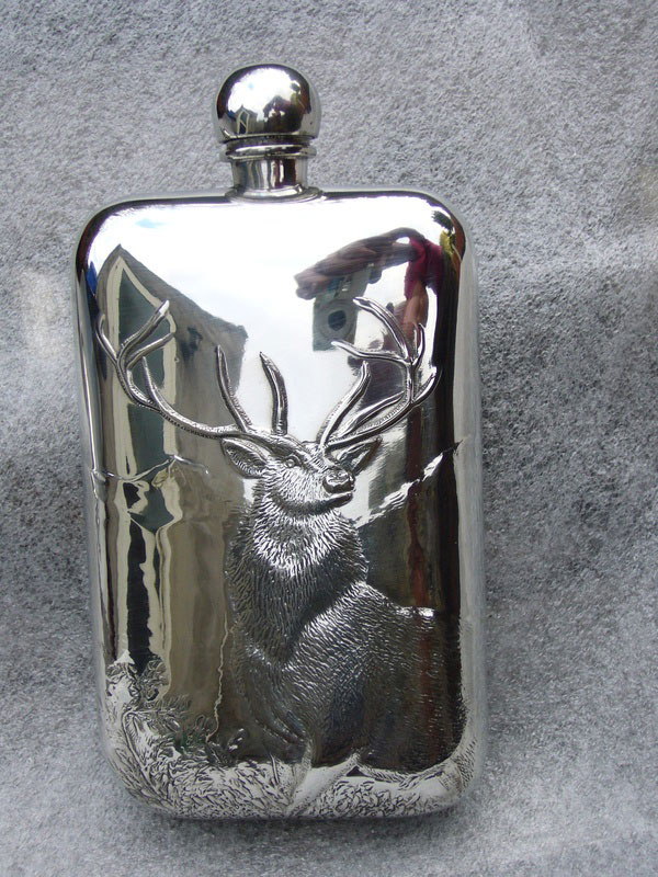 6oz Stamped Monarch of the Glen Pewter Flask (F032)