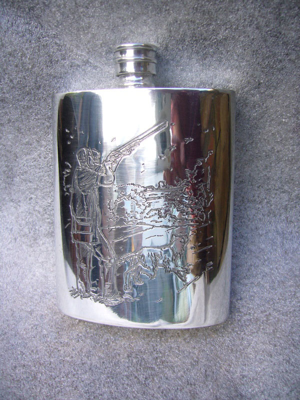 Kidney Shaped Pewter Flask with Shooting Scene
