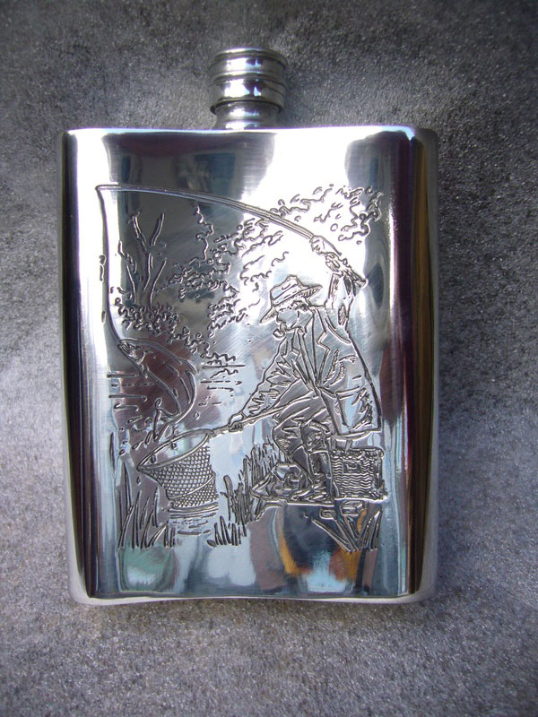 6oz Kidney Shaped Pewter Flask with Fishing Scene (F042)