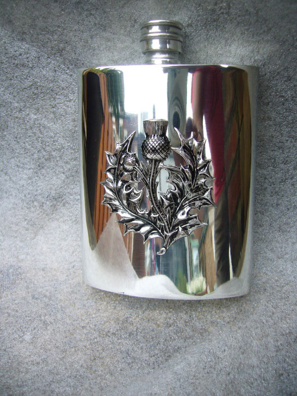 6oz Kidney Shaped Pewter Flask with Thistle Badge (F043)