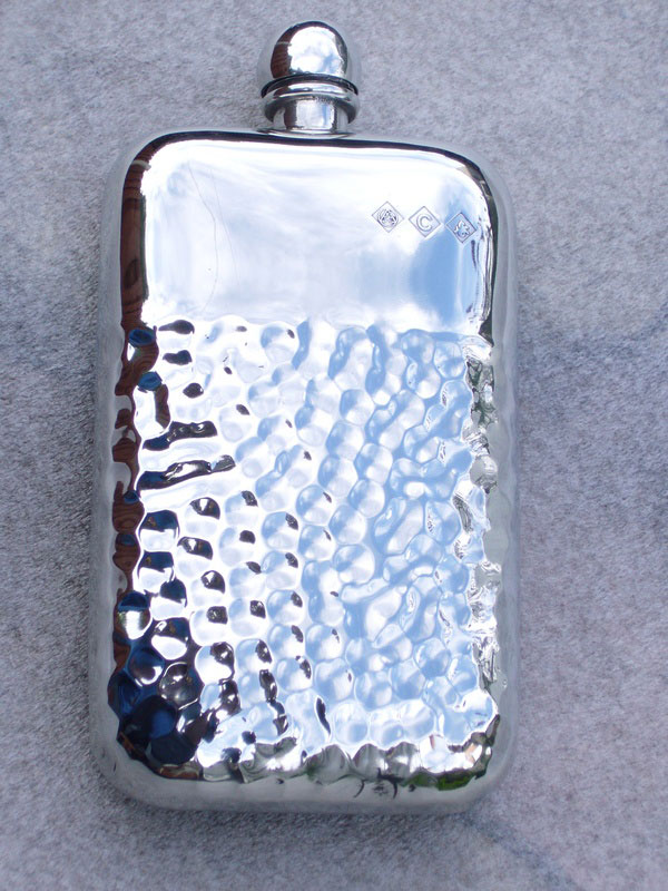 6oz Stamped Pewter Flask with Hammered and Plain Design (F048)