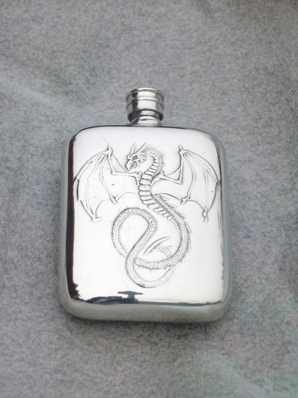 4oz Stamped Pewter Hip Flask Embossed with Wyverex Dragon (F054)