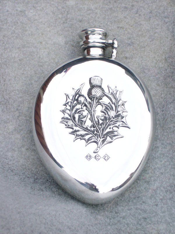 6.5oz Kuznet Curve Pewter Flask with Thistle Badge and Captive Top (F061)