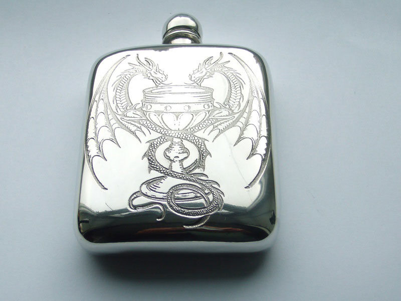 4oz Stamped Pewter Hip Flask "Poison of Love" Design with Entwined Dragons (F066)