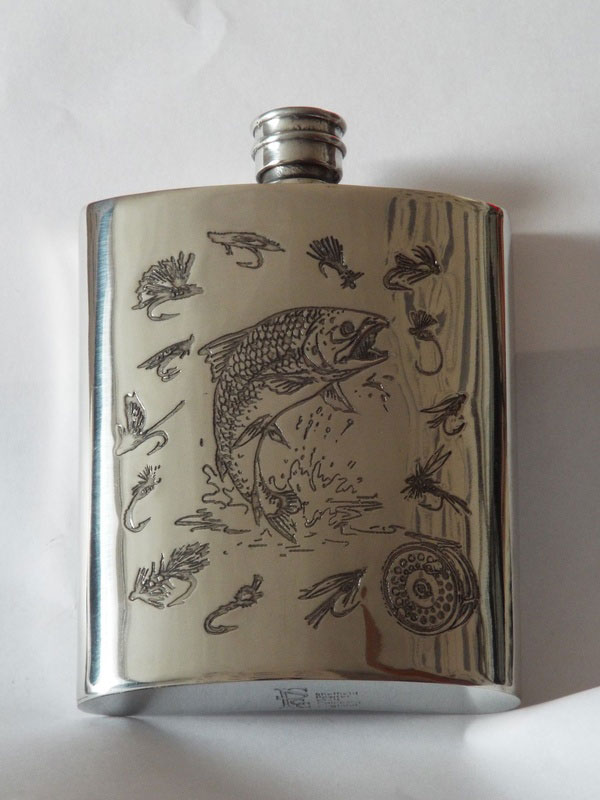 6oz Kidney Shaped Pewter Flask "The Flies" (F069)