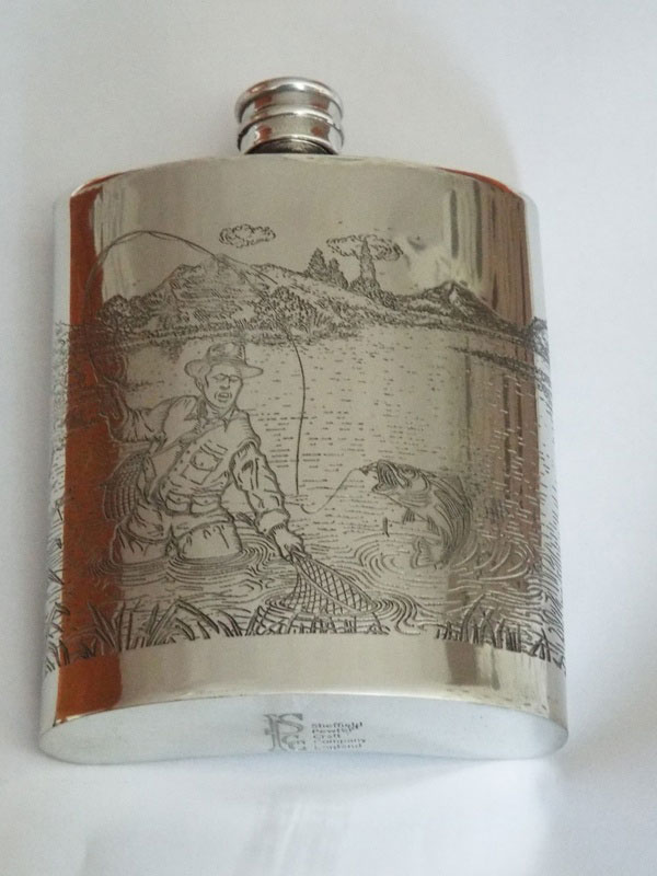 6oz Kidney Shaped Pewter Flask with Full Fishing Scene (F071)