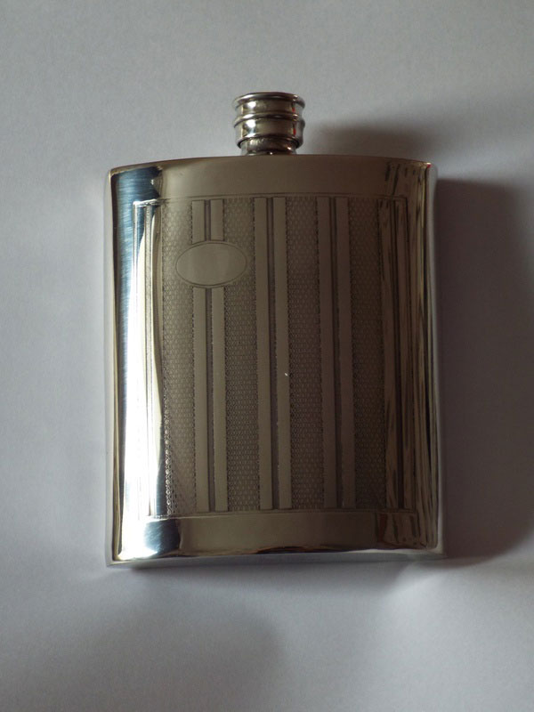 6oz Kidney Shaped Pewter Hip Flask with Engine Turned Pattern (F073)