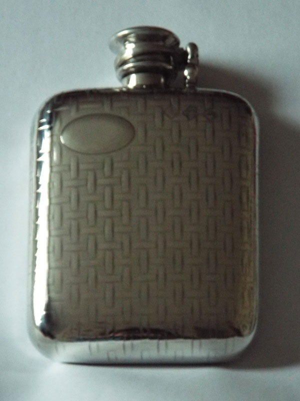 4oz Stamped Pewter Flask with Woven Pattern and Captive Top (F074)