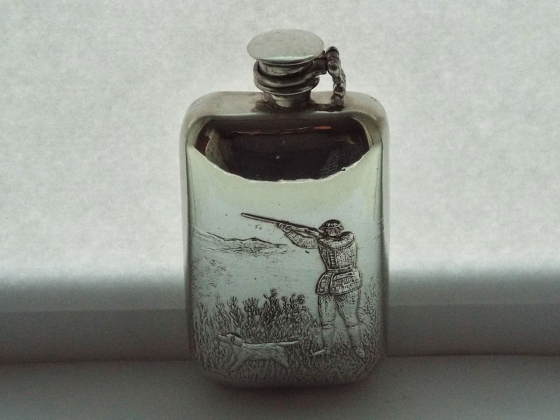6oz Stamped Pewter Flask with Embossed Shooting Scene and Captive Top (F077)