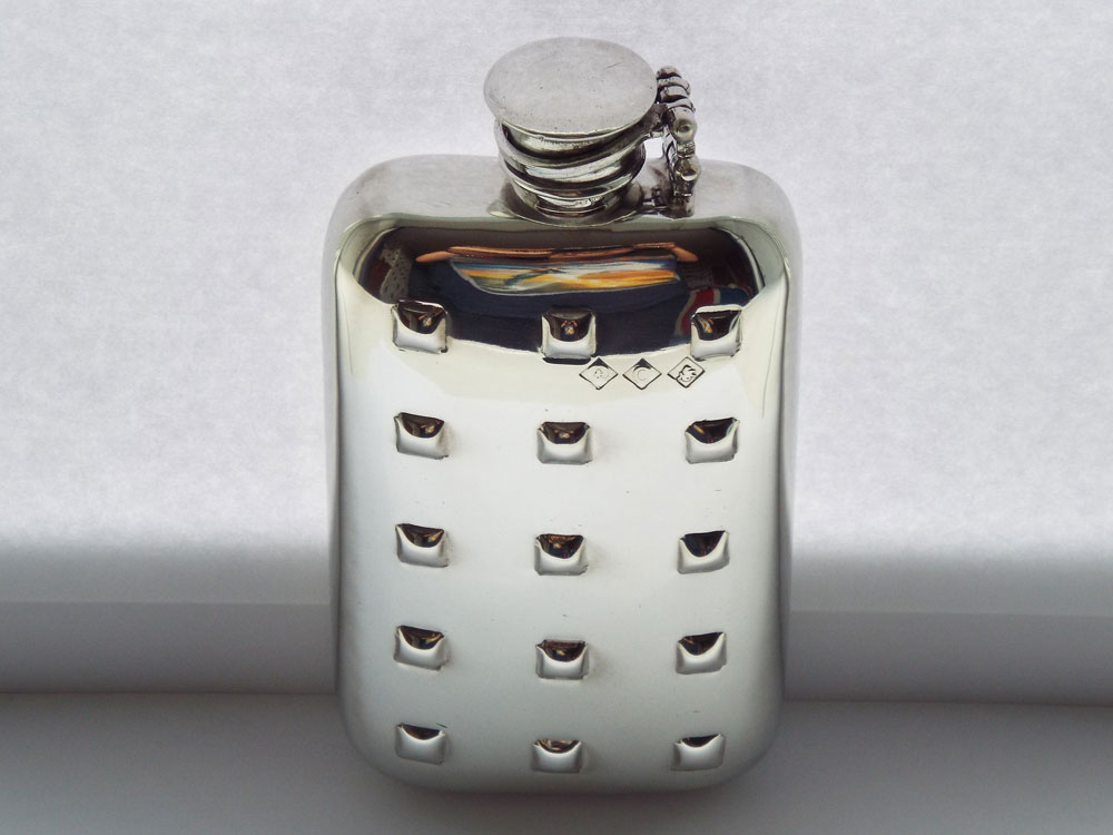 6oz stamped Geo Tec design pewter flask with captive top